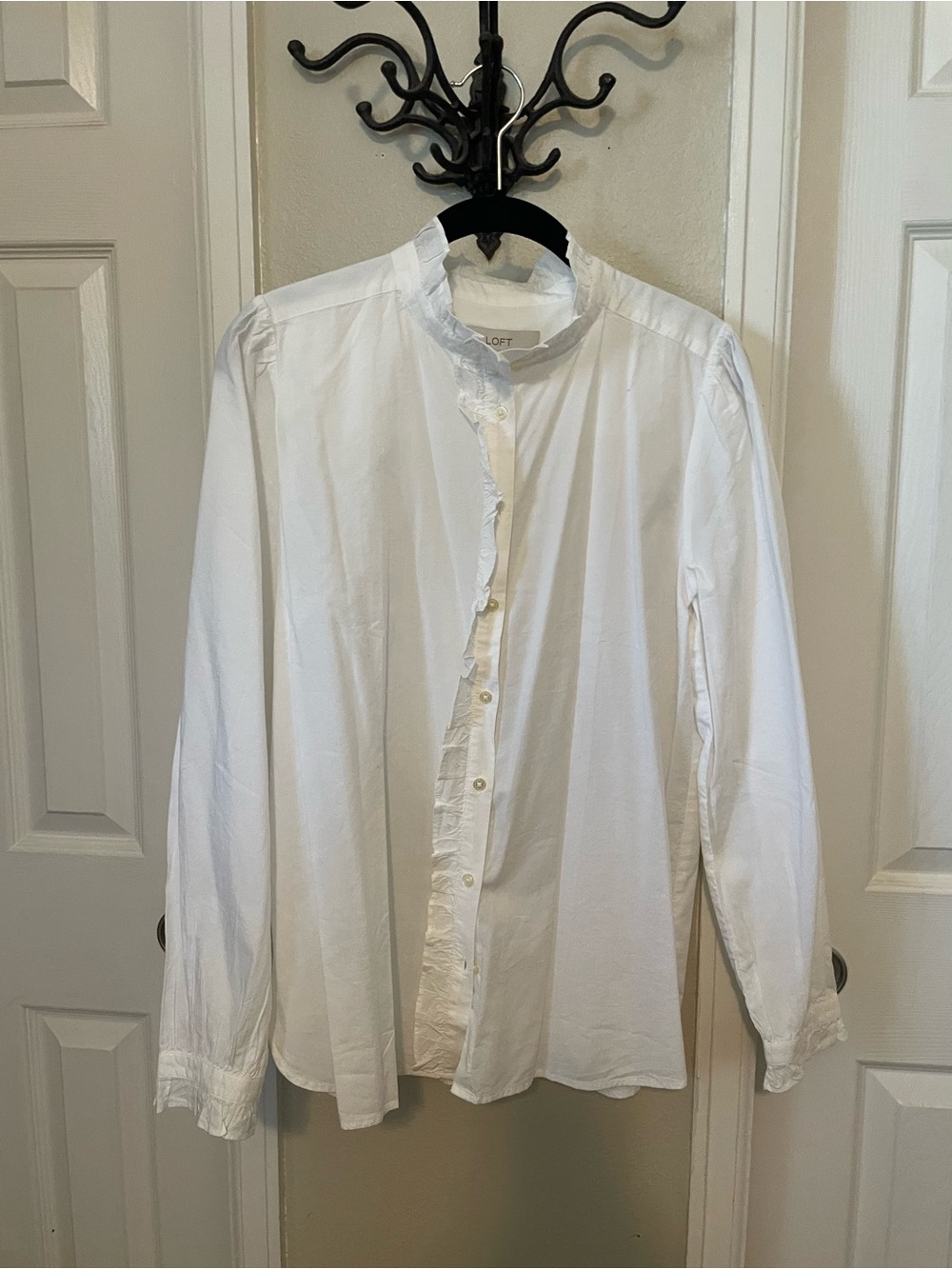 LOFT White Ruffle-Trim Button-Front Dress Shirt